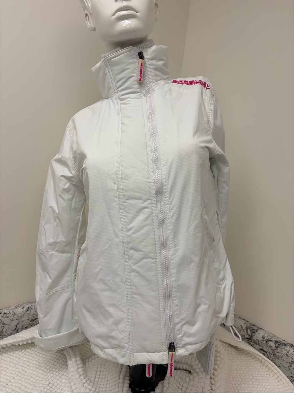 Superdry White Ski Jacket with Pink Trim